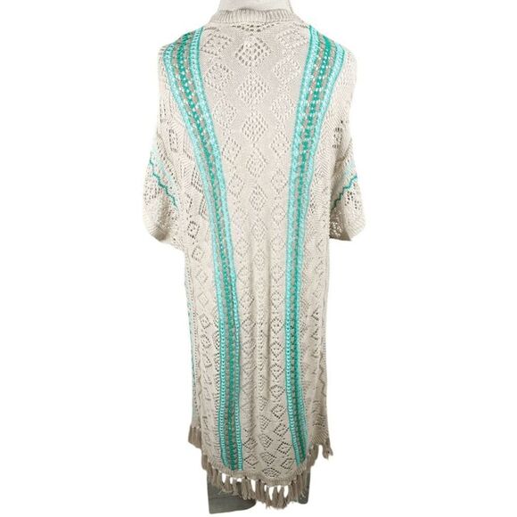 Chicos XL Open Knit Duster Cardigan Spring Summer Teal Mix Fringe Boho Size 3 - Picture 5 of 10